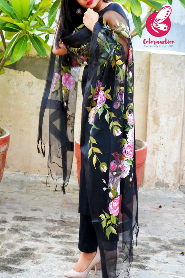 Black Organza Handpainted Colourful Floral Stole