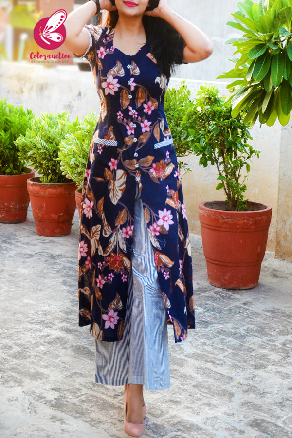 Navy Blue & White Printed Floral Cotton Kurti Set