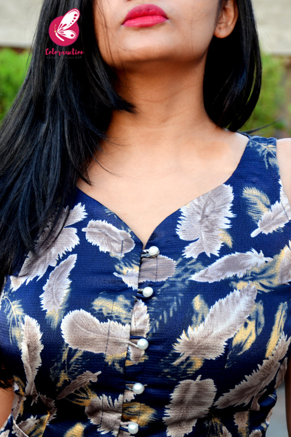 Blue Satin Pearl button Detailing  Front Slit Kurti