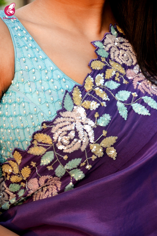 Purple Crepe Sequins Pearl Handwork Saree
