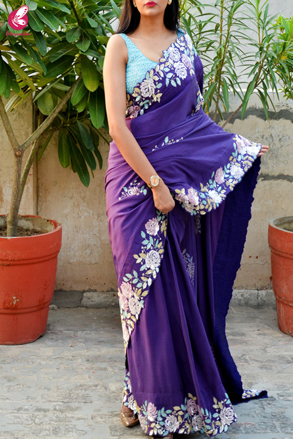 Purple Crepe Sequins Pearl Handwork Saree