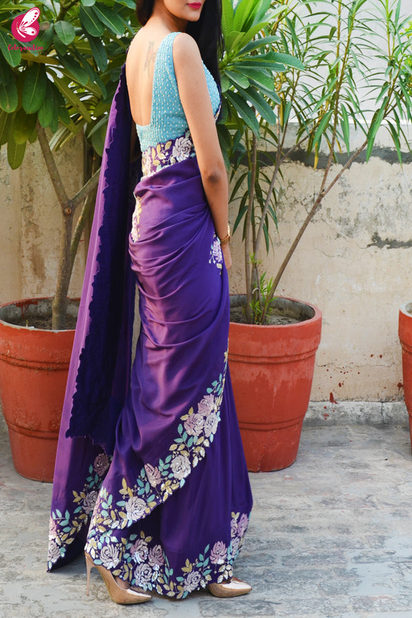 Purple Crepe Sequins Pearl Handwork Saree