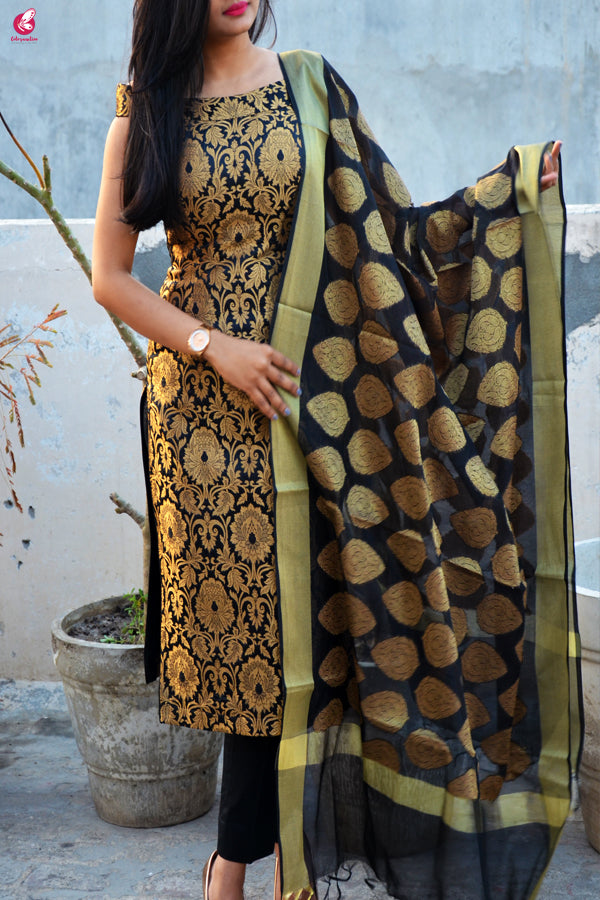 Black Brocade Padded Kurti with Cotton Silk Pants and Chanderi Stole