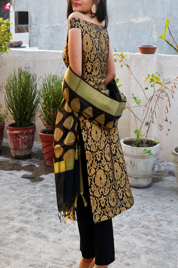 Black Brocade Padded Kurti with Cotton Silk Pants and Chanderi Stole
