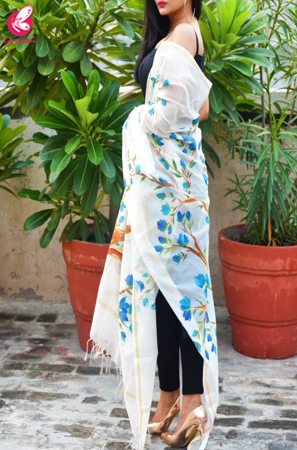 Off White Chanderi Multicolored Floral Handpainted Stole