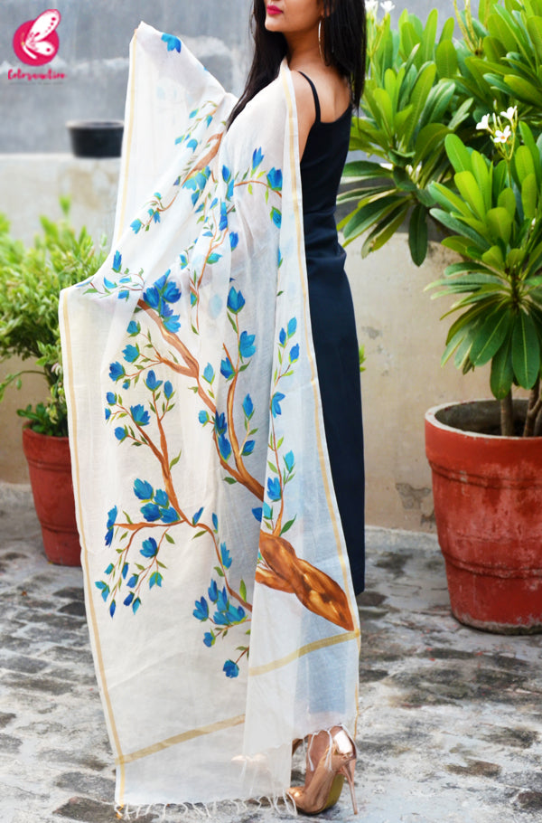 Off White Chanderi Multicolored Floral Handpainted Stole
