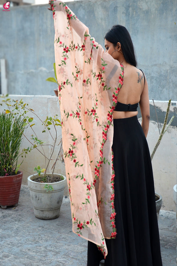 Peach Tissue Embroidered Floral Dupatta