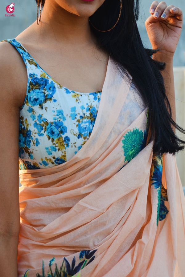 Peach &amp; Blue Organdy Applique Floral Saree