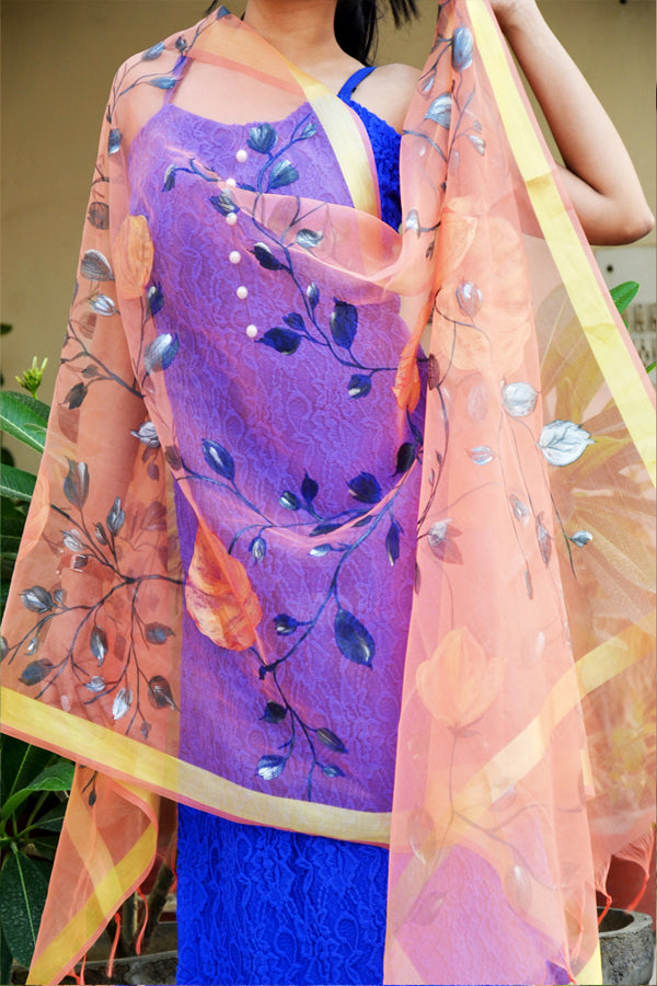 Peach Organza Floral Handpainted Stole