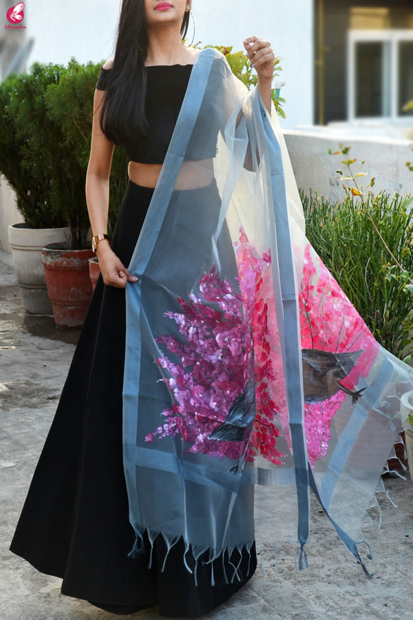 Grey Organza Hand painted Multi color Peacock Stole