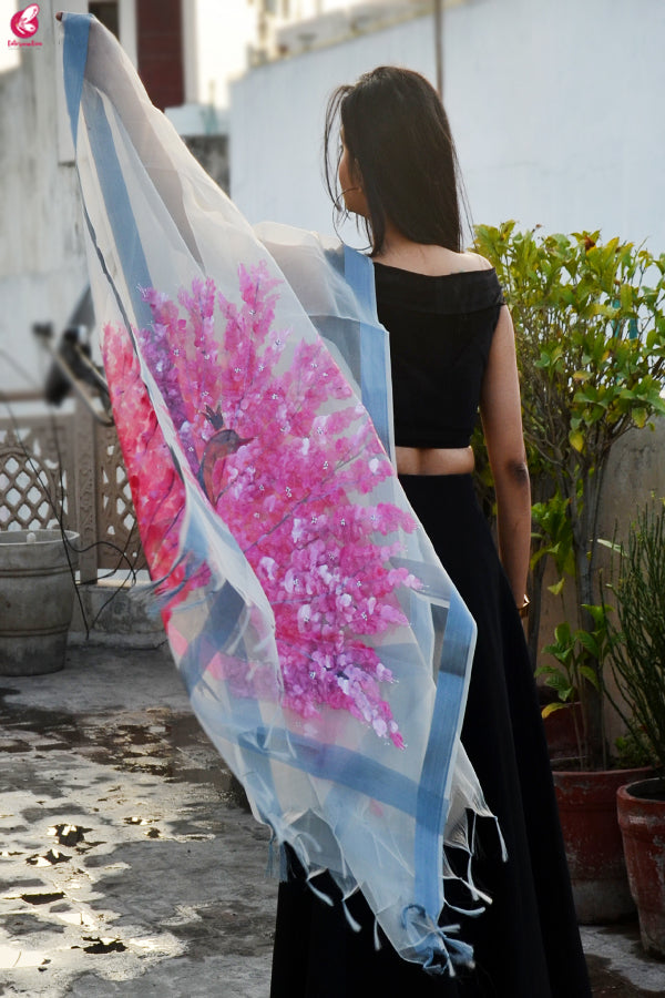Grey Organza Hand painted Multi color Peacock Stole