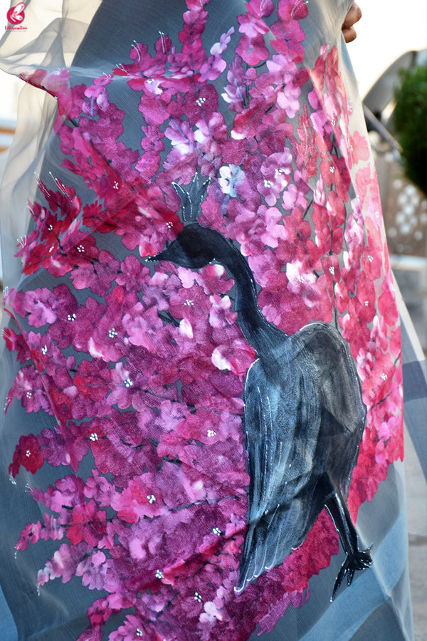 Grey Organza Hand painted Multi color Peacock Stole