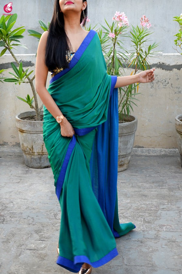 Green Blue Crepe Chiffon Double Shaded Saree
