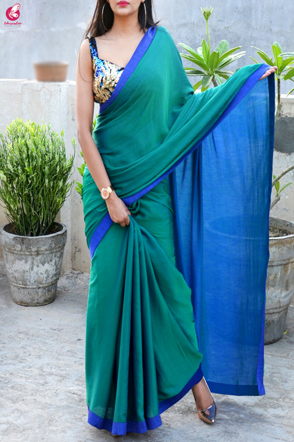 Green Blue Crepe Chiffon Double Shaded Saree