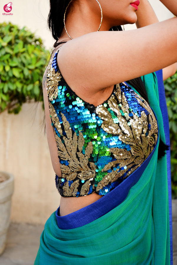 Green Blue Crepe Chiffon Double Shaded Saree