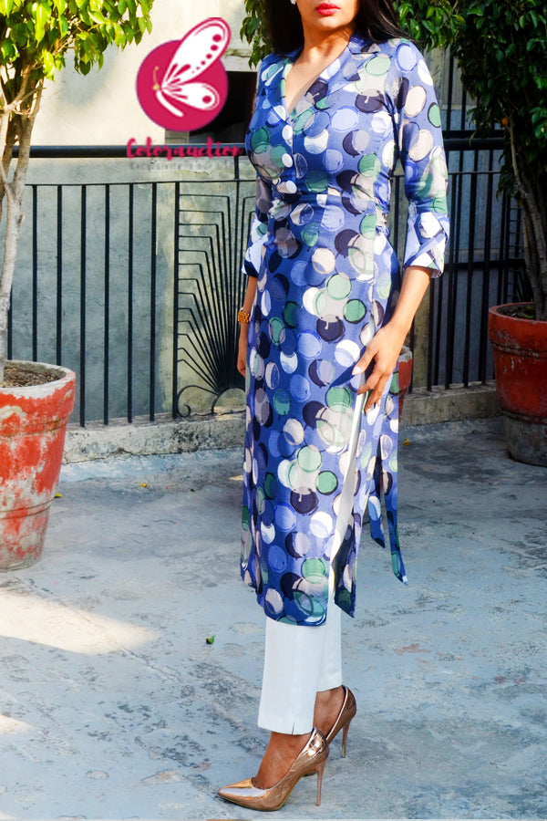 Blue Printed Rayon Kurti with Cream White Cotton Silk Pants Kurti Set