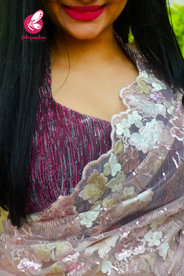 Pastel Pink Embroidered Pure Satin Net Half and Half Saree