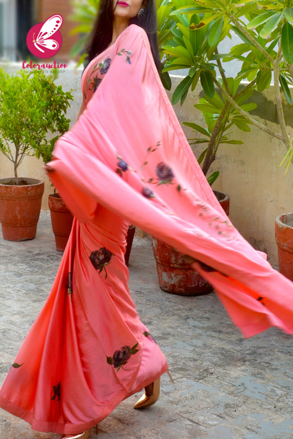 Peachy Pink Hand-painted Satin Roses Saree