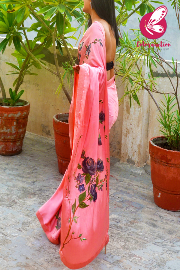 Peachy Pink Hand-painted Satin Roses Saree