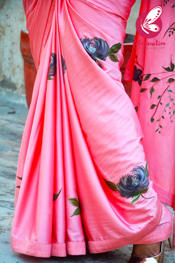 Peachy Pink Hand-painted Satin Roses Saree