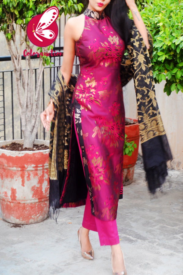 Magenta & Golden Brocade Silk Padded Kurti with Magenta Cotton Silk Pants and Black Golden Chanderi Dupatta