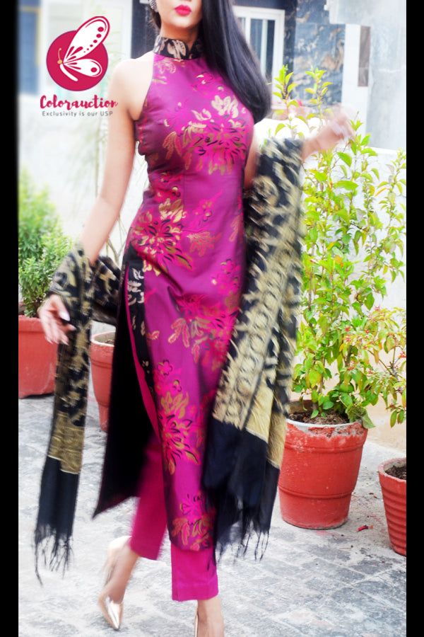 Magenta &amp; Golden Brocade Silk Padded Kurti with Magenta Cotton Silk Pants and Black Golden Chanderi Dupatta