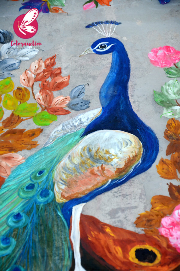 White Organza Handpainted Peacock Floral Statement Stole