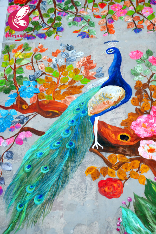 White Organza Handpainted Peacock Floral Statement Stole