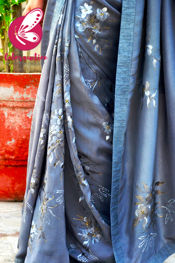 Grey Pure Silk Crepe Floral Handpainted Saree