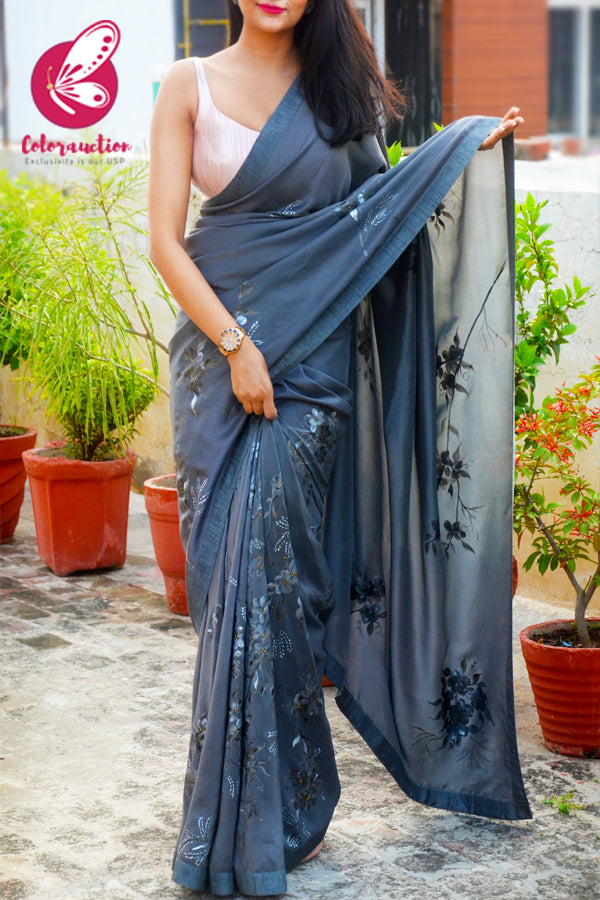 Grey Pure Silk Crepe Floral Handpainted Saree