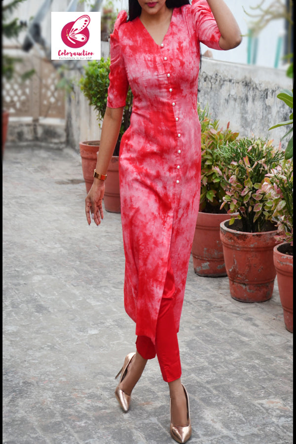 Red & White Tie & Dye Rayon Kurti with Red Cotton Silk Pants