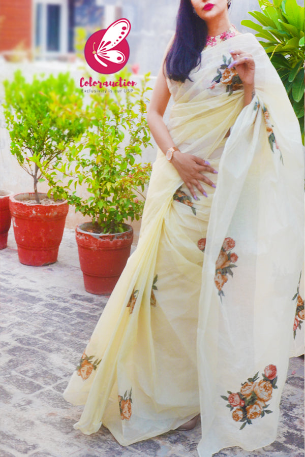 Light Yellow Applique Organdy Floral Saree