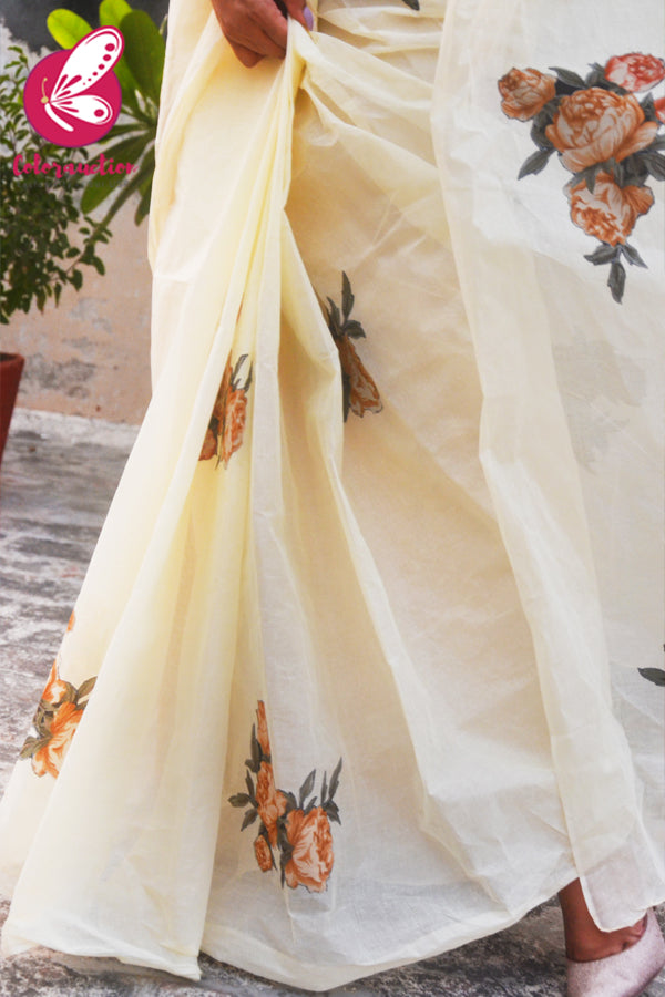 Light Yellow Applique Organdy Floral Saree