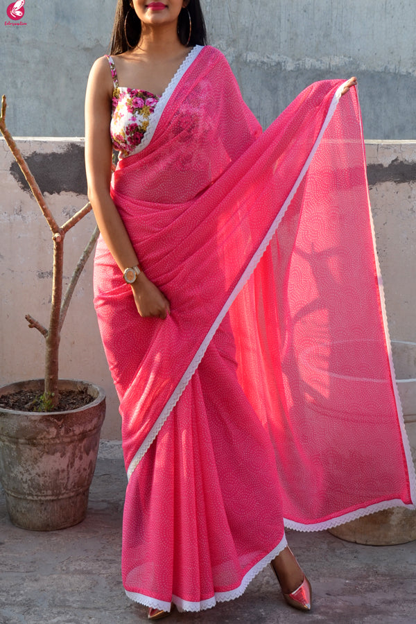 Pink Printed Chiffon Lace Saree