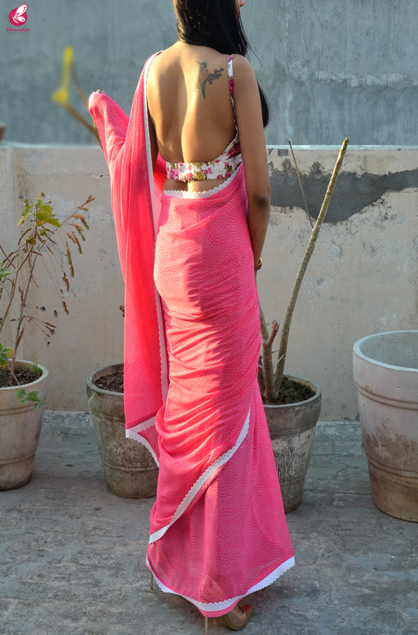 Pink Printed Chiffon Lace Saree
