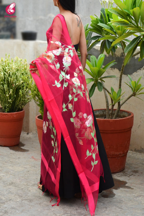 Pink Organza Hand painted Floral Stole