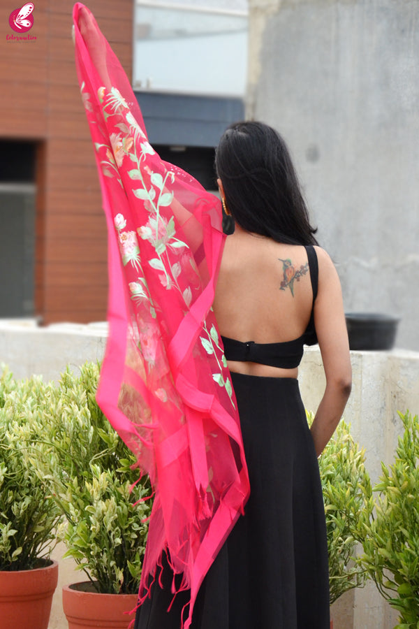 Pink Organza Hand painted Floral Stole