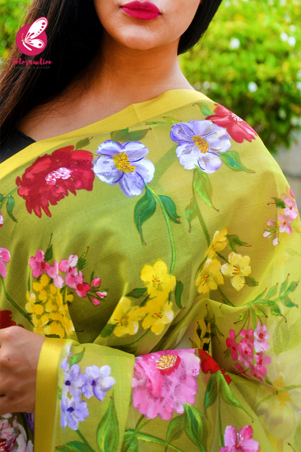 Lime Green Multicoloured Pure Organza Hand-painted  Stole