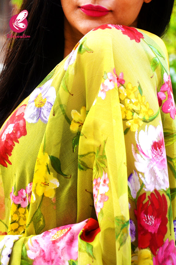 Lime Green Multicoloured Pure Organza Hand-painted  Stole
