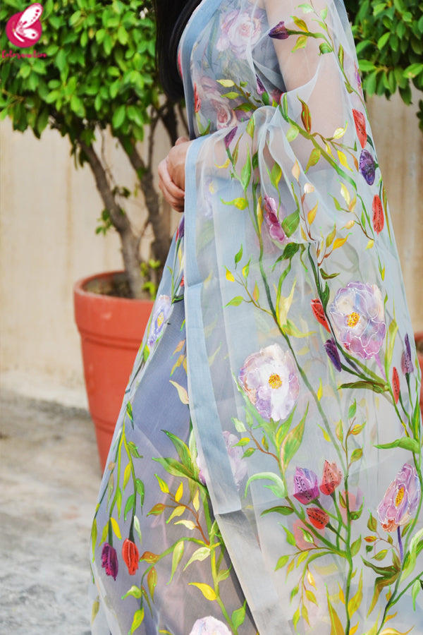 Grey Organza Hand painted Multicolored Floral Stole