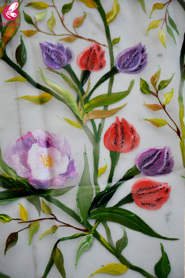 Grey Organza Hand painted Multicolored Floral Stole