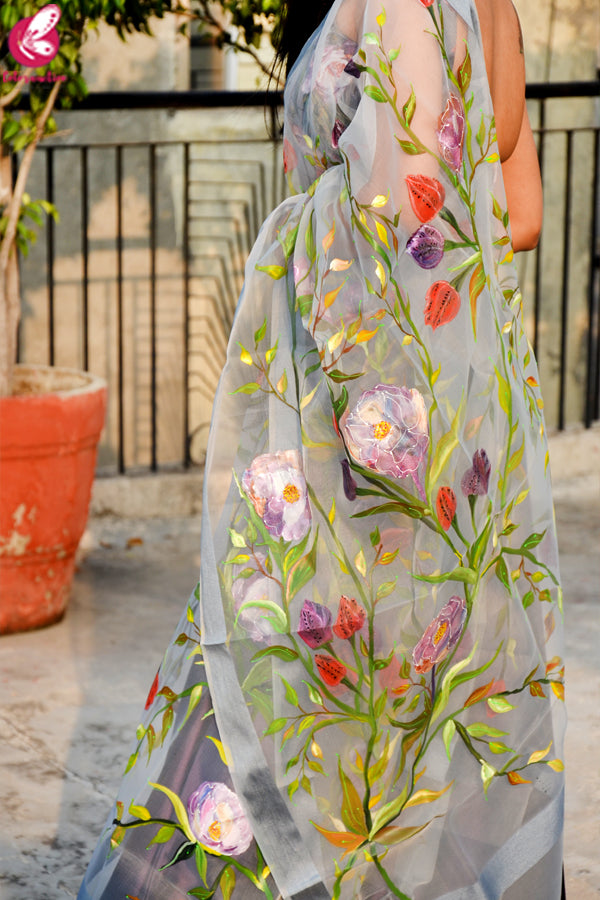 Multicolored  Satin Lehenga With Hand Painted Organza Stole