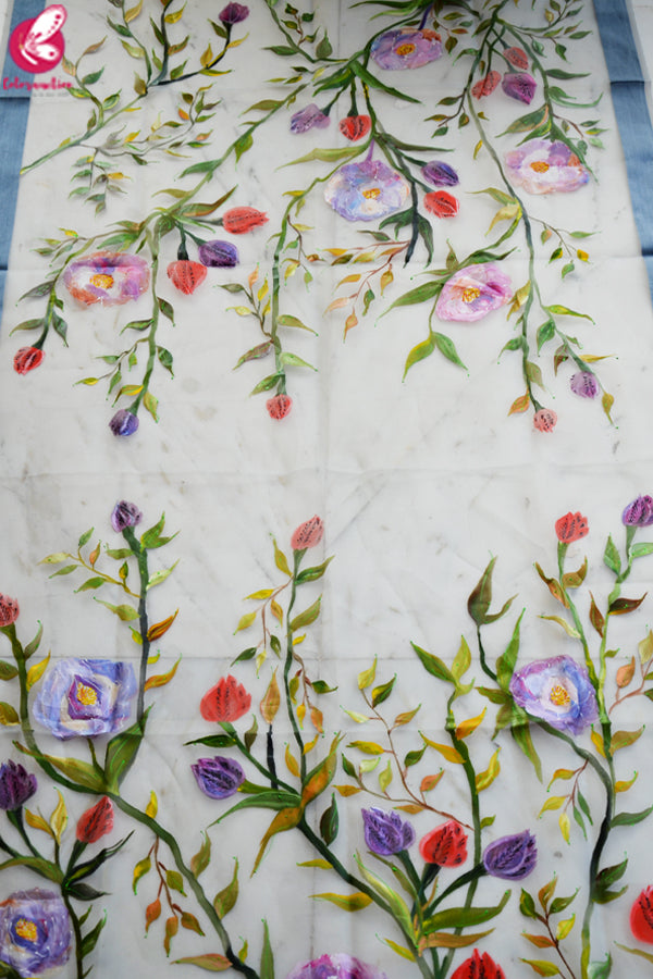 Grey Organza Hand painted Multicolored Floral Stole