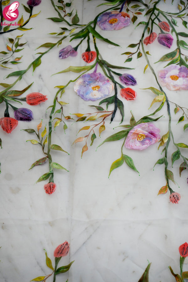 Grey Organza Hand painted Multicolored Floral Stole