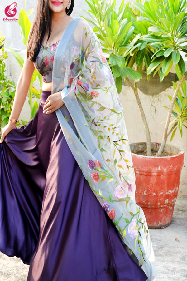 Multicolored  Satin Lehenga With Hand Painted Organza Stole