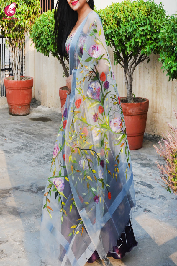 Multicolored  Satin Lehenga With Hand Painted Organza Stole