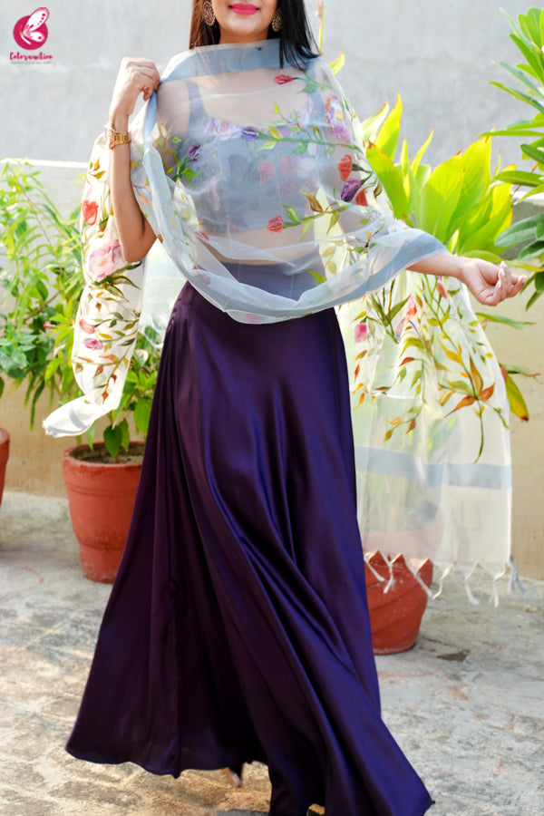 Multicolored  Satin Lehenga With Hand Painted Organza Stole