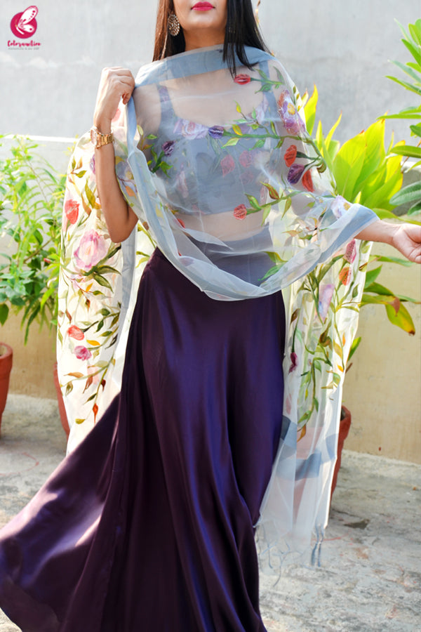 Multicolored  Satin Lehenga With Hand Painted Organza Stole