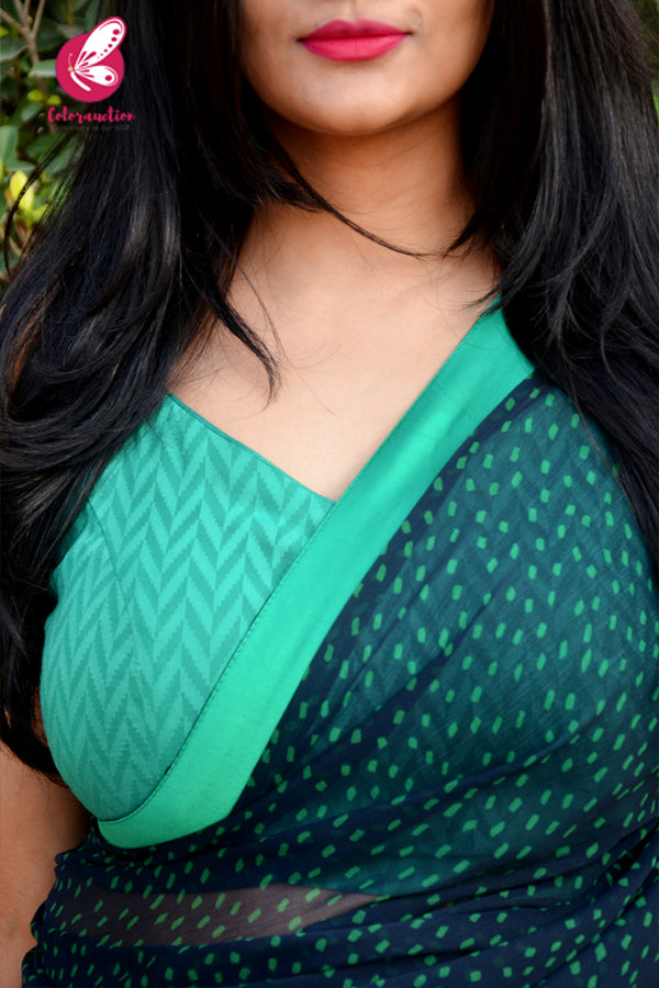 Blue &amp; Green Printed Green Satin Taping Chiffon Saree