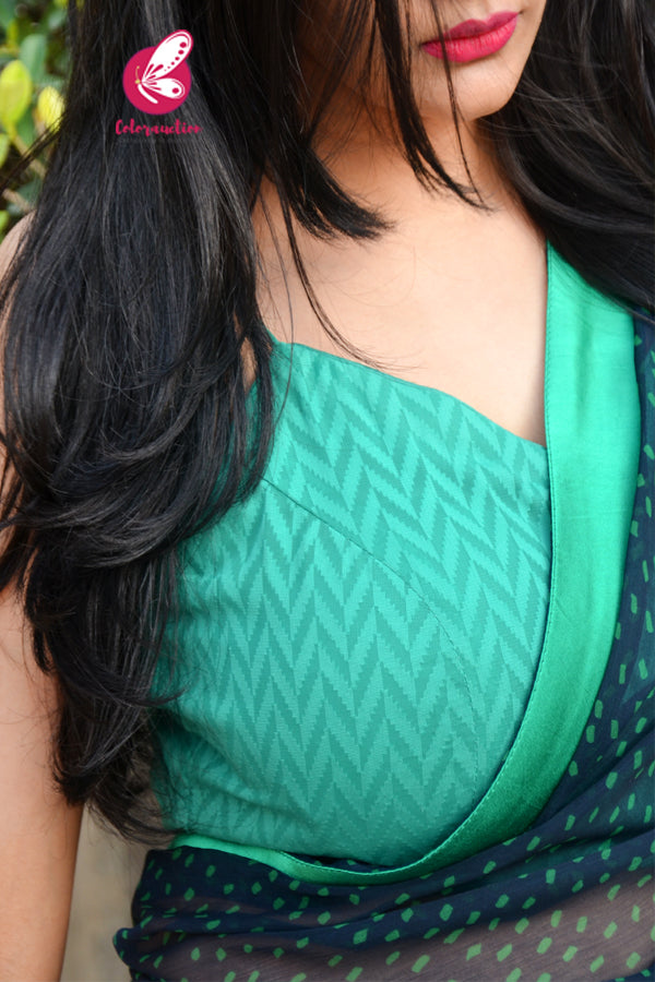 Blue &amp; Green Printed Green Satin Taping Chiffon Saree